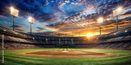 Stadium lights illuminate the baseball field at sunset