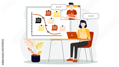 Remote team using Kanban board for workflow, flat vector illustration