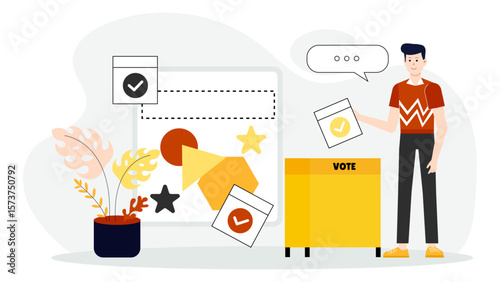 Employees voting on new branding elements, flat vector illustration