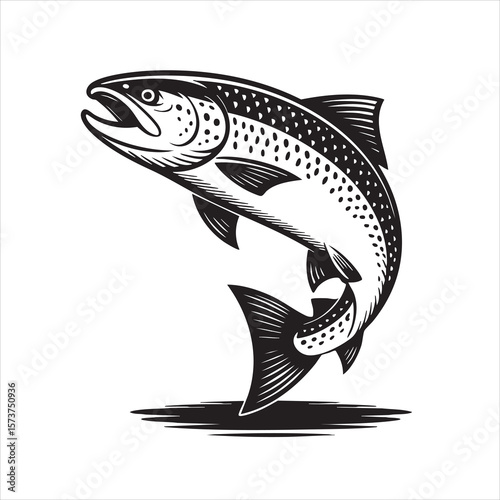 Black and white illustration of a leaping trout fish with open mouth and spotted body