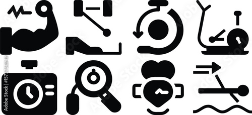 Vector art of a collection of fitness and health icons representing exercise, strength, and cardio activities isolated on transparent background.