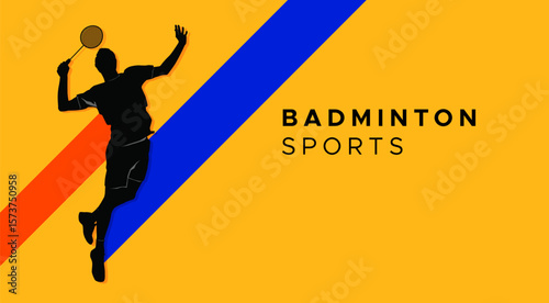 Silhouette of a badminton player jumping and hitting a shuttlecock on a yellow background with red and blue diagonal stripes. Bold vector design ideal for sports themes and creative projects.
