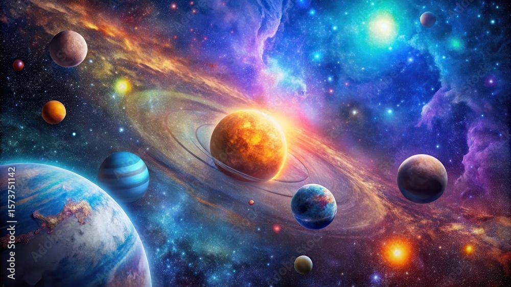 Obraz premium Cosmic Scene with Vibrant Galaxy and Planets in Orbit