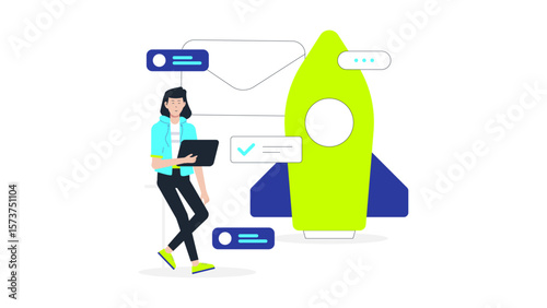 Startup running pre-launch email campaign, flat vector illustration