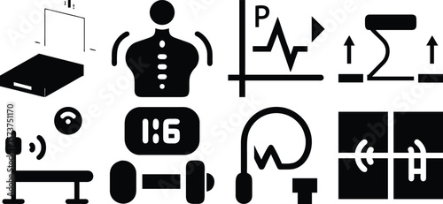 Vector art of collection of fitness and health icons representing gym equipment and progress tracking isolated on transparent background.