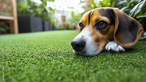Beagle Resting Head on Artificial Turf with Soft Focus Backgroun