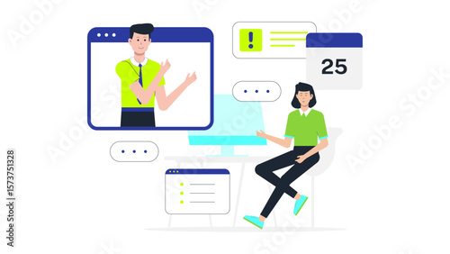 Remote workers joining morning check-in call, flat vector illustration