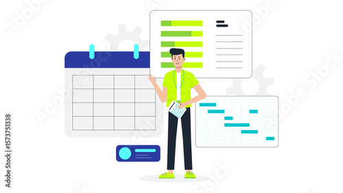 Project manager adjusting timeline post sprint review, flat vector illustration