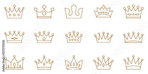 Collection of elegant gold crown icons representing royalty and luxury
