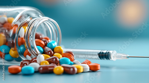 Medical supplies spill colorful pills and syringe on table laboratory setting still life high angle health awareness