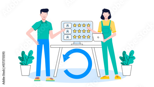 Startup founder reviewing product feedback, flat vector illustration