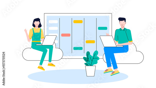 Remote team using Kanban board for workflow, flat vector illustration