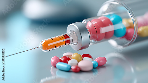 Medical injection process healthcare facility image of syringe and pills clinical setting close-up perspective pharmaceutical concept photo