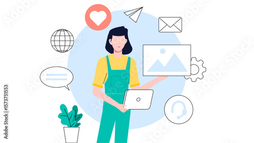 Content strategist reviewing multi-channel strategy, flat vector illustration
