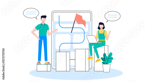 Customer success team creating onboarding flow, flat vector illustration