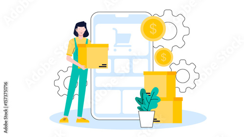 Entrepreneur managing orders on mobile dashboard, flat vector illustration
