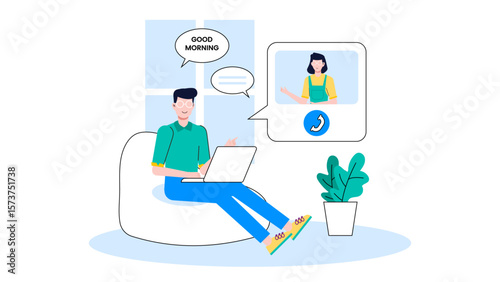 Remote workers joining morning check-in call, flat vector illustration