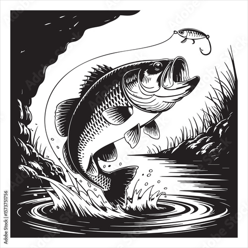 Dynamic black and white illustration of a largemouth bass leaping from the water to catch a fishing lure