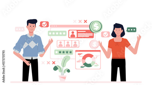 Startup founder reviewing product feedback, flat vector illustration