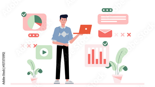 Content strategist reviewing multi-channel strategy, flat vector illustration