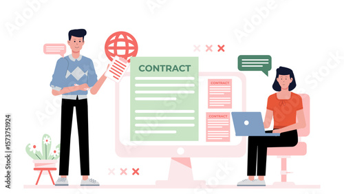 Legal advisor reviewing international contract terms, flat vector illustration