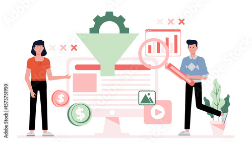 Digital marketer optimizing funnel conversion, flat vector illustration