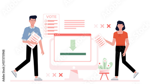 Employees voting on new branding elements, flat vector illustration