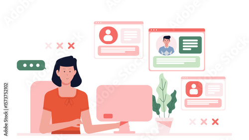HR conducting exit interviews online, flat vector illustration
