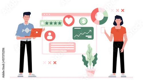 Customer success team creating onboarding flow, flat vector illustration