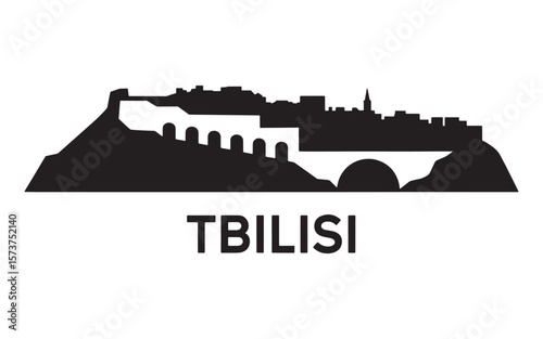 Black and White Silhouette of Tbilisi Skyline with Buildings Bridge and Hills Cityscape and Travel Destination in Georgia
