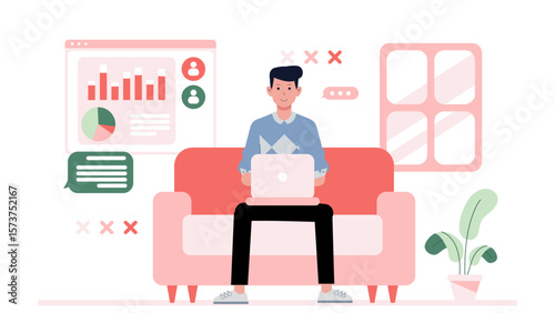 Remote workers joining morning check-in call, flat vector illustration