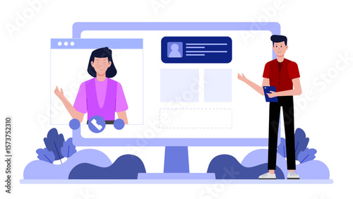 HR manager hosting virtual employee recognition event flat vector illustration