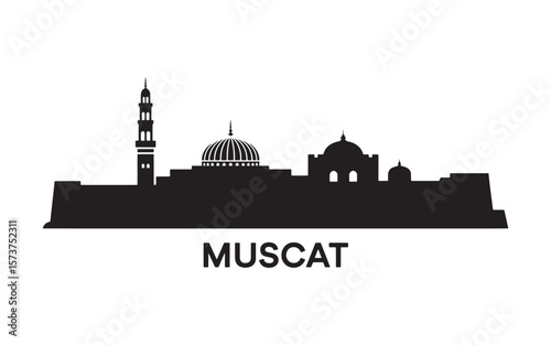 Black Silhouette of Muscat Skyline A Minimalist Depiction of Omani Architecture and Urban Landscape Featuring Iconic Landmarks and Cultural Heritage