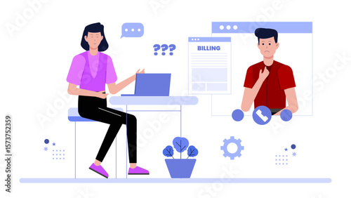 Support team resolving customer billing issues flat vector illustration