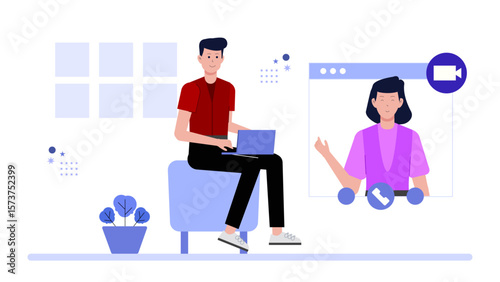 Remote team discussing OKRs in weekly video call flat vector illustration