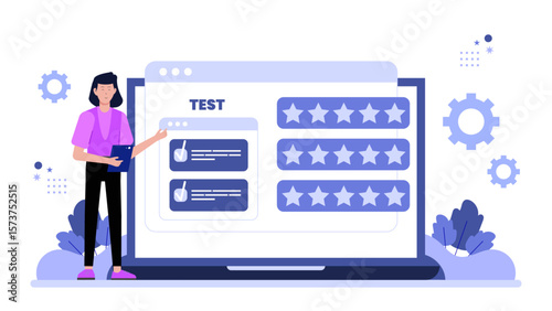 Product researcher gathering beta tester feedback flat vector illustration
