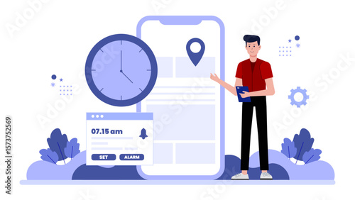 Freelancer managing time with productivity timer app flat vector illustration