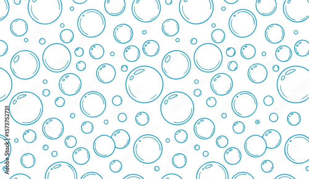 Simple and fun seamless pattern of blue soap bubbles on white background