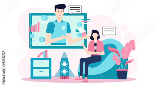 Startup pitching business plan during online demo day flat vector illustration