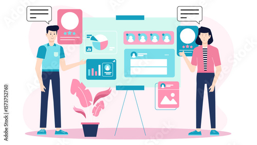 Marketing team building customer persona board flat vector illustration