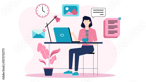 Freelancer editing client revisions on laptop flat vector illustration