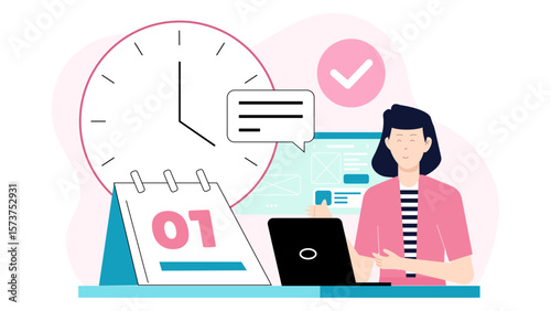 Freelancer managing time with productivity timer app flat vector illustration