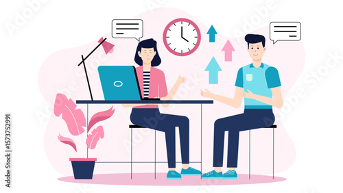 Project team hosting sprint retrospective discussion flat vector illustration