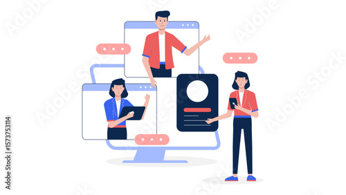 Remote team discussing OKRs in weekly video call flat vector illustration