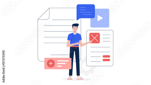 Content marketer planning evergreen article series flat vector illustration