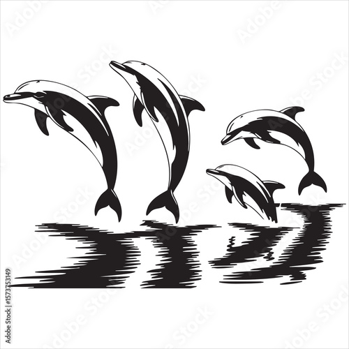 Four playful dolphins leaping and splashing in the ocean water with stylized reflections