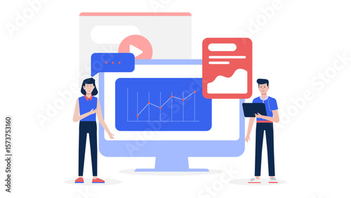 Digital strategist setting up social listening dashboard flat vector illustration