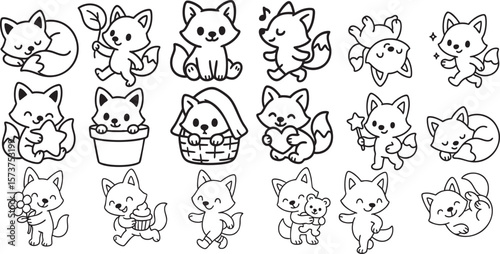 Cute Fox in Playful Activities Black and White Line Art for Children’s Coloring Book | Generative AI
