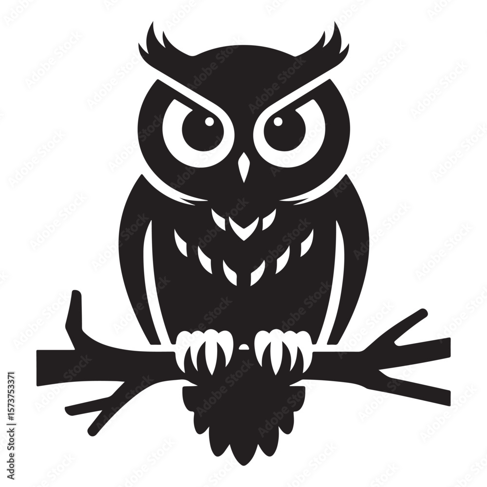 Fototapeta premium Black Owl Silhouette Perched on Branch – Vector Animal Icon for Nature and Wildlife Designs. 