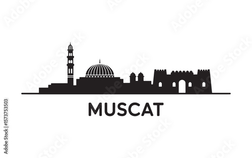 Muscat City Skyline Silhouette Vector Illustration, a Black and White Minimalist Design of the Omani Capital's Architecture